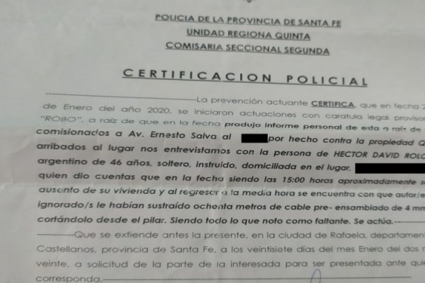 La delincuencia no tiene límites: Le robaron los cables y lo dejaron sin luz