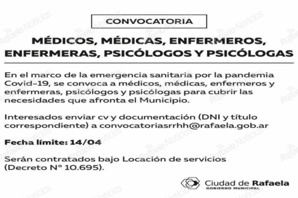 Coronavirus: el municipio lanzó convocatoria al personal de salud