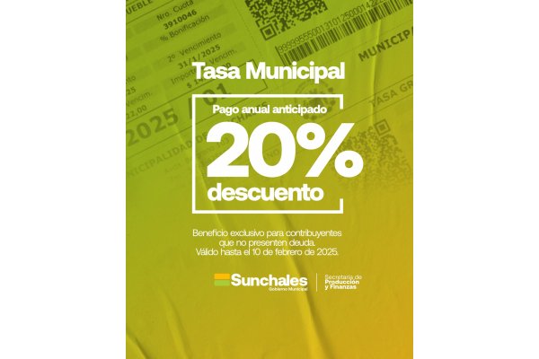 Sunchales ofrece descuentos por el pago anticipado de la Tasa General